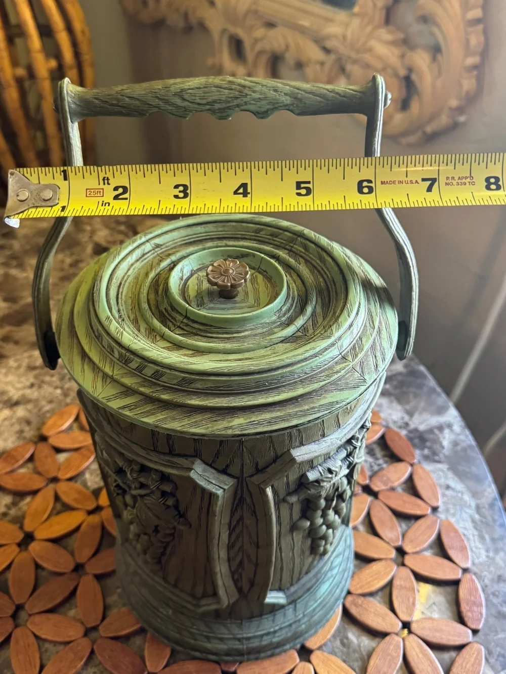 Vintage MCM Grape Ice Bucket – Avocado Green Faux Woodgrain Barware